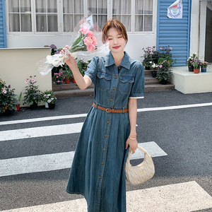 时尚牛仔连衣裙女学院风2025夏季新款高级感修身气质短袖长款裙子图片