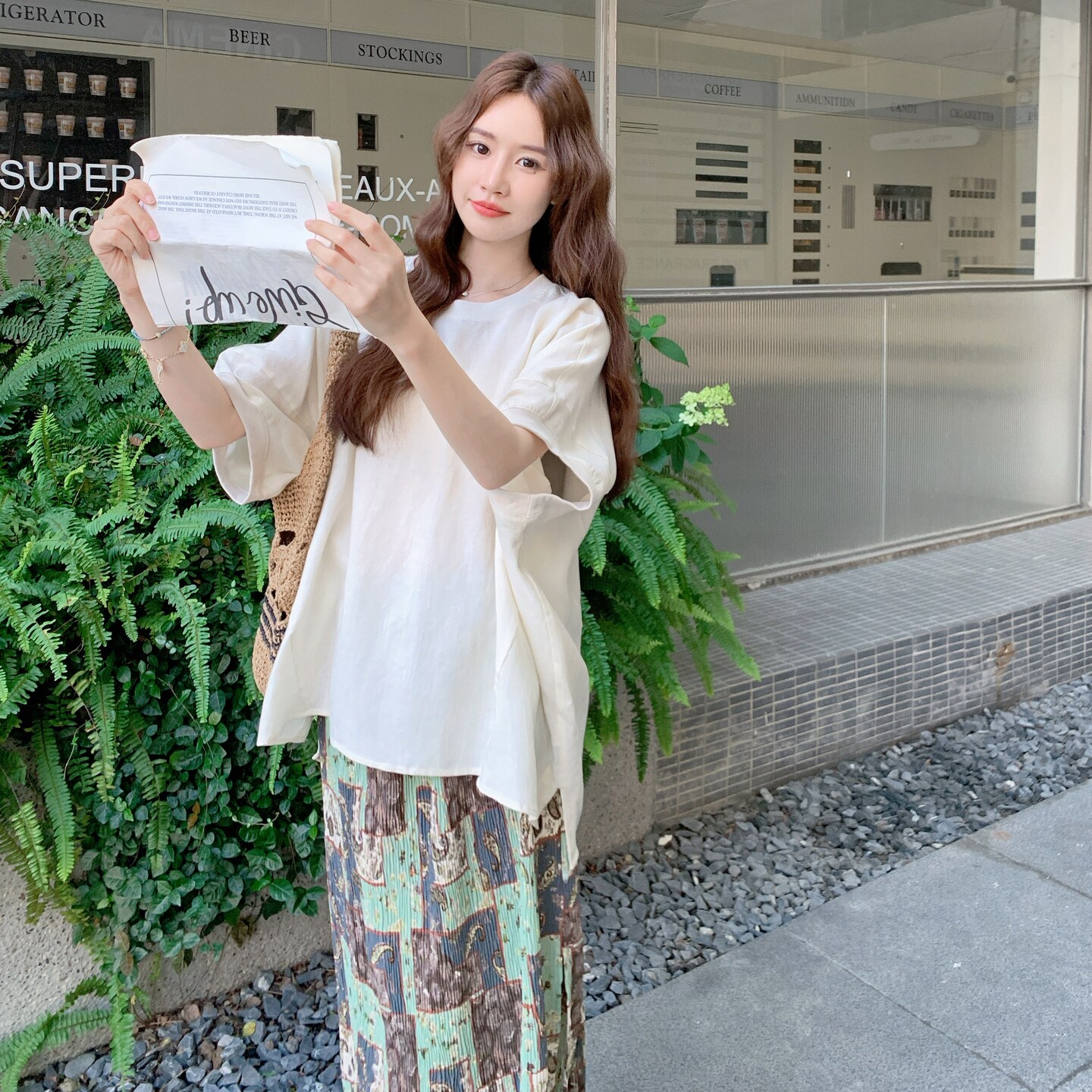 宽松新款漂亮遮肚子今年流行的时尚白色亚麻上衣女夏法式小资小衫,女装套装/套裙,2C218