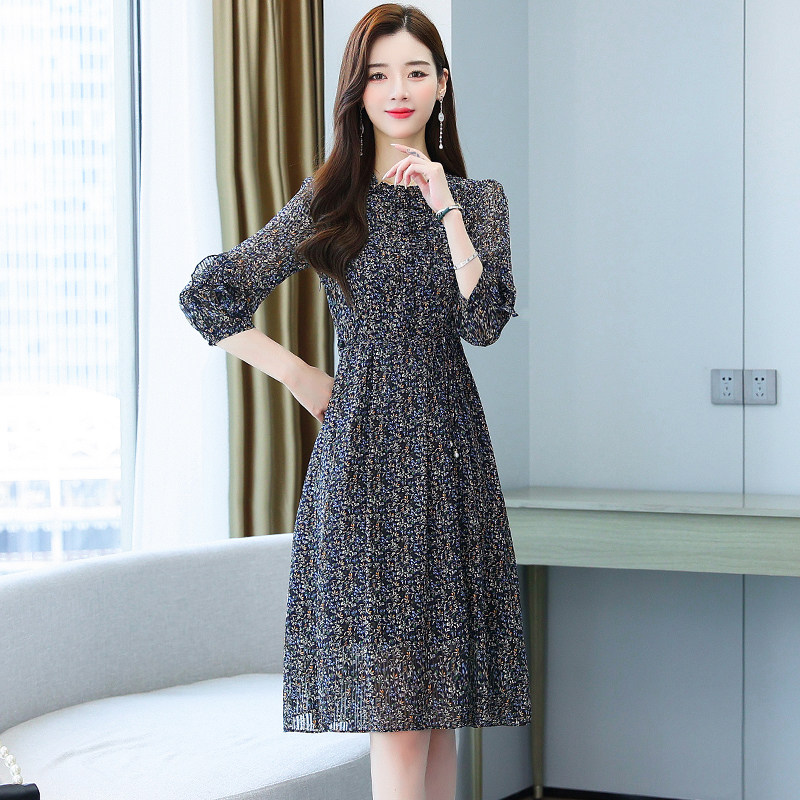 2025新款春装高档减龄气质雪纺碎花收腰中长款连衣裙,女装连衣裙,丽莎妳雅