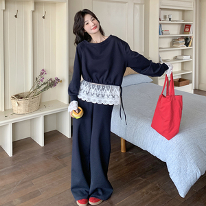 藏青色蕾丝拼接卫衣套装女春秋2025新款阔腿裤两件套休闲运动减龄图片