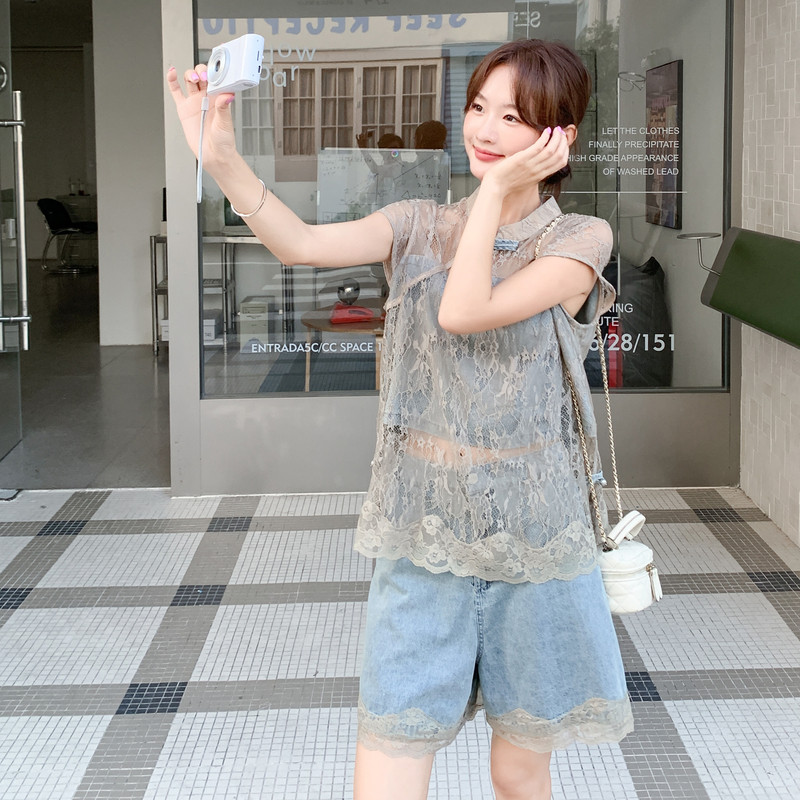 新中式风套装女2025新夏季复古盘扣蕾丝拼接上衣牛仔短裤两件套,女装套装/套裙,2C218