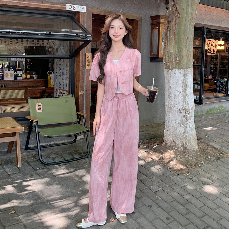 晕染粉色西装套装女夏2024新款薄款小香风两件套阔腿裤爆款减龄图片