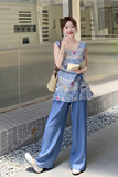 气质木耳边印花无袖上衣直筒裤套装女2025夏时尚松弛感炸街两件套，女装套装/套裙，2C159