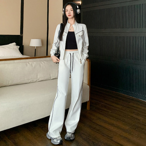 女春季新款开衫上衣阔腿裤两件套装图片