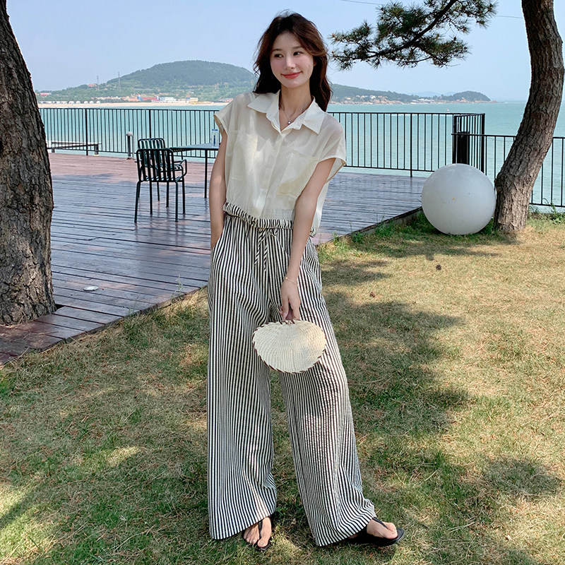 法式气质薄款衬衫马甲套装女2025夏季新款显瘦条纹阔腿长裤两件套,女装套装/套裙,2C135