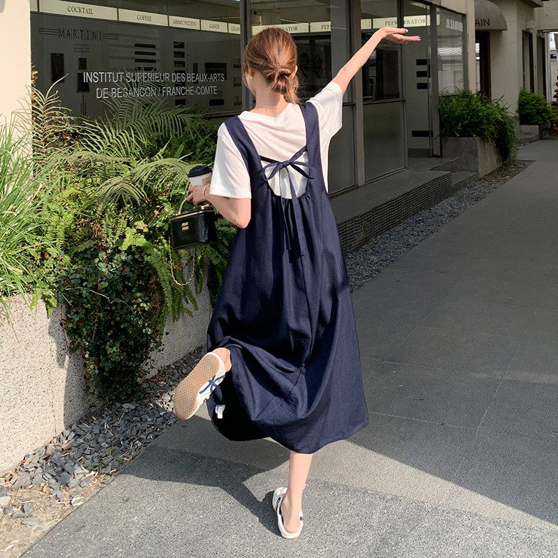 韩版学院风减龄连衣裙套装女2025夏季新款一整套T恤背带裙两件套,女装套装/套裙,2D043
