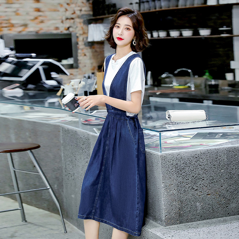 牛仔背带连衣裙女2025夏季新款韩版显瘦网红炸街宽松两件套裙子,女装连衣裙,蓝朵琳