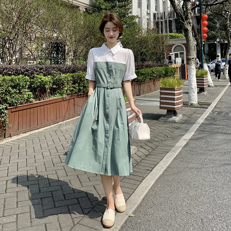 韩版连衣裙女夏2022年新款撞色法式设计感小众轻熟风收腰衬衫裙子,女装连衣裙,2C112