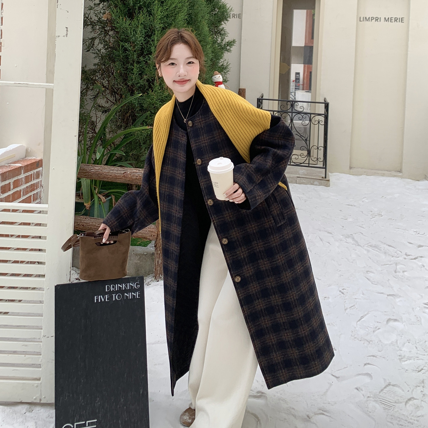 格纹设计感夹棉大衣女秋冬2025新款韩系学院风宽松休闲毛呢外套,女装毛呢外套,2C159