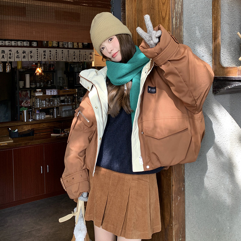 咖色工装羽绒棉服女短款2024冬季新款高级感小个子加厚棉衣棉袄潮图片