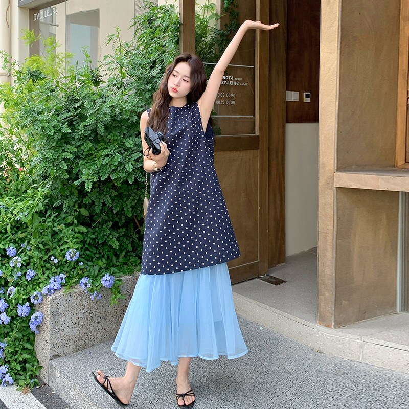 法式轻熟风半身裙套装女2025夏季新款拼接百搭波点无袖背心长裙,女装套装/套裙,2C117