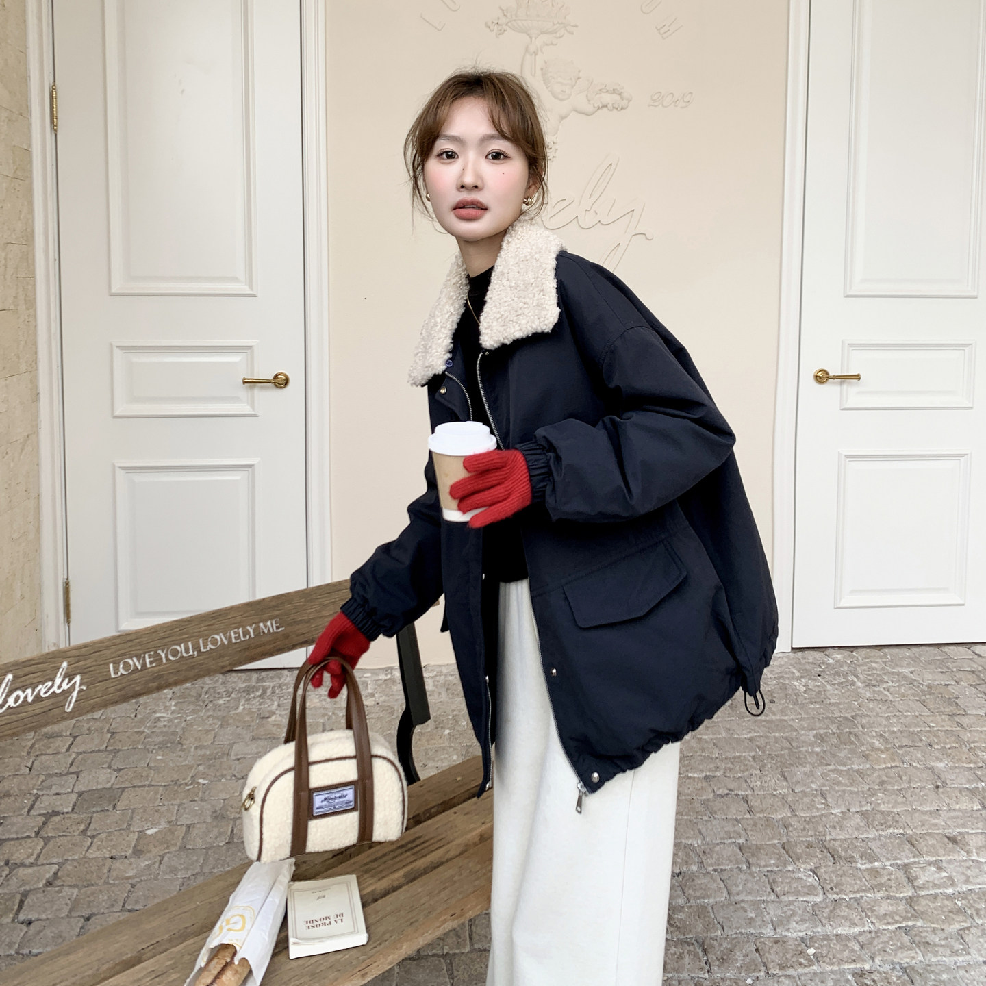 藏青色高级感羊羔毛领羽绒服女2025冬新款韩版加厚保暖白鸭绒外套,女装羽绒服,2C098