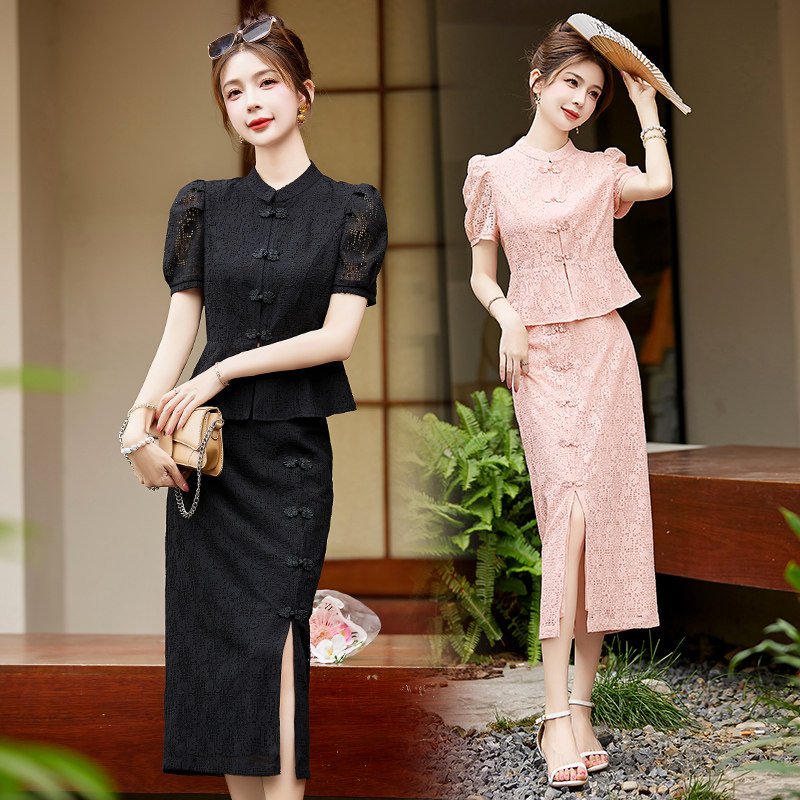 热卖加推！蕾丝两件套连衣裙女2025年夏季改良旗袍盘扣，女装套装/套裙，吾爱衣,女装套装/套裙,吾爱衣