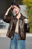 已出货春装新品小皮衣外套女翻领短款时尚百搭机车服小个子上衣，女装皮衣，吾爱衣