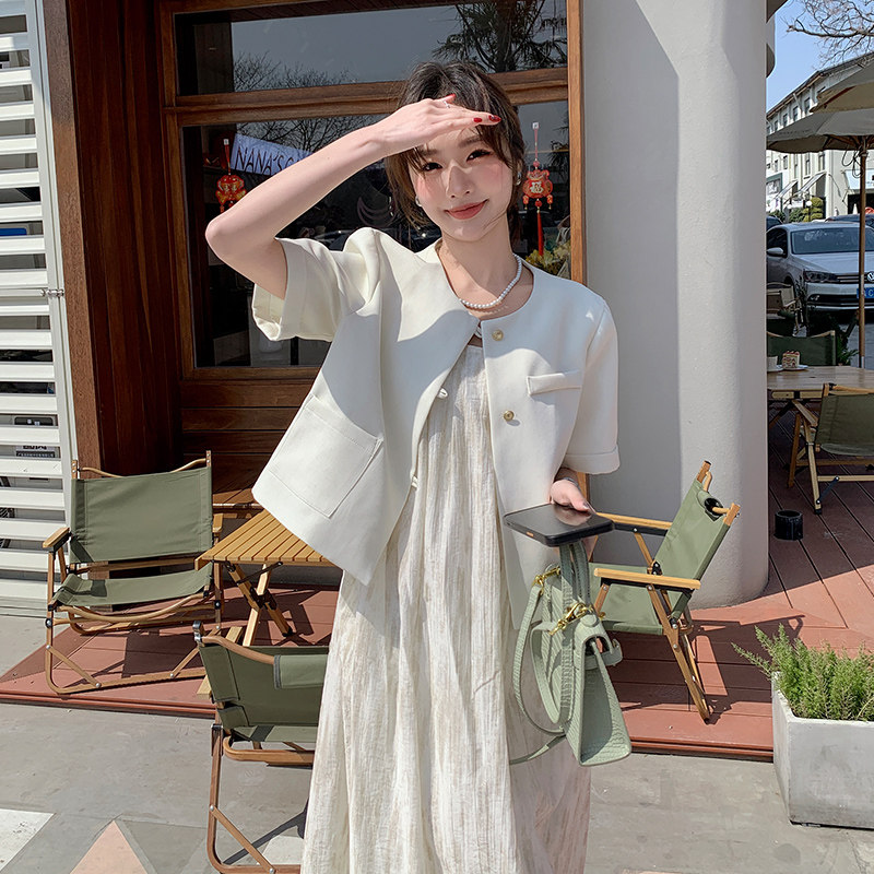 2025夏季女装新款时尚两件套连衣裙杏色短袖外套配晕染印花吊带裙,女装连衣裙,2C233