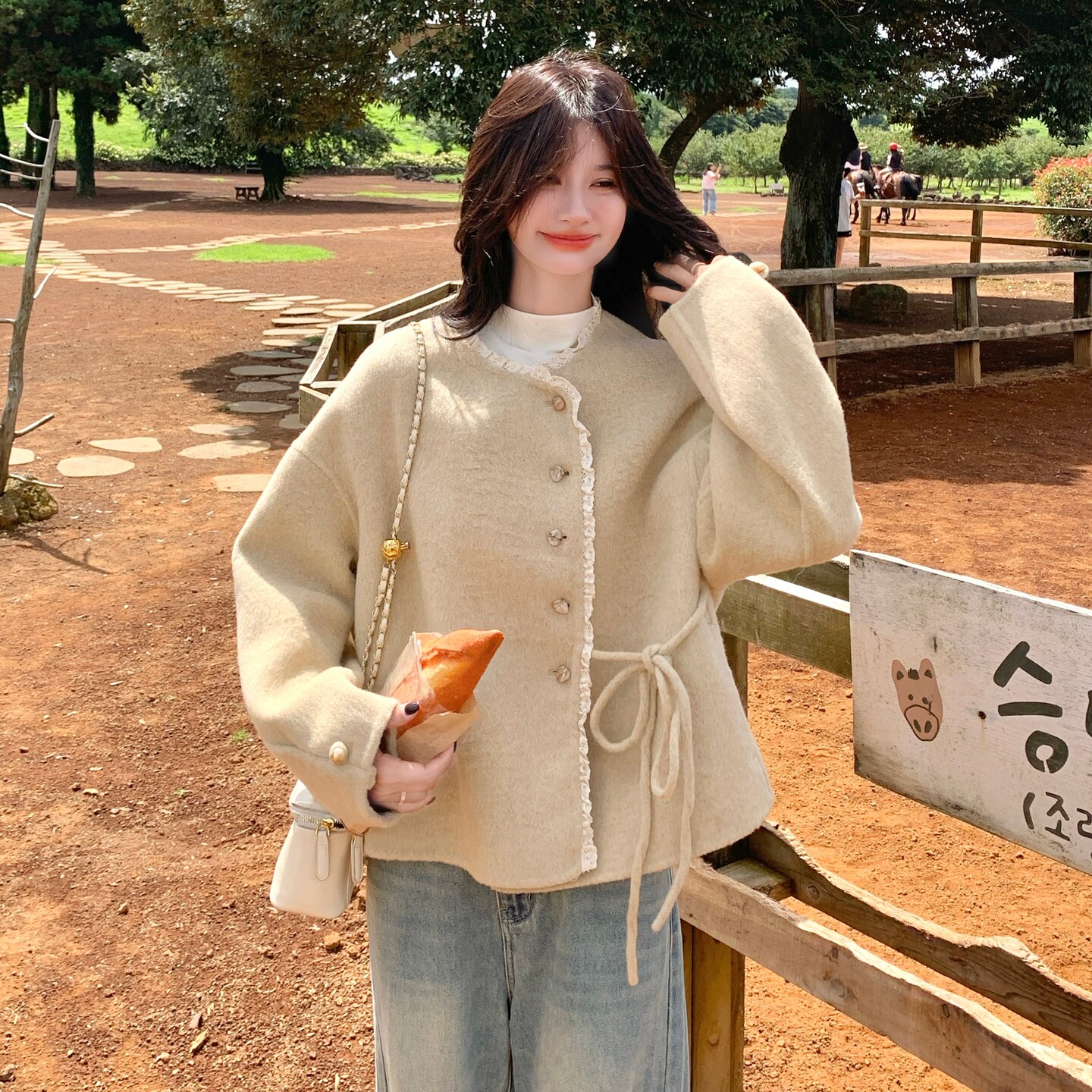 小香风蕾丝花边拼接双面羊毛大衣女短款2025新款减龄百搭毛呢外套,女装毛呢外套,2C298