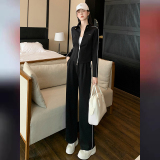 韩版时尚气质大方套装女春新款拉链开衫黑色立领上衣阔腿裤两件套，女装套装/套裙，2C310