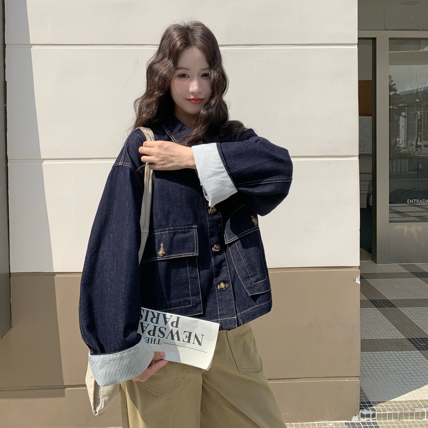 深蓝色设计感复古牛仔短外套女2025年春秋季新款韩版百搭显瘦夹克,女装短外套,2C016