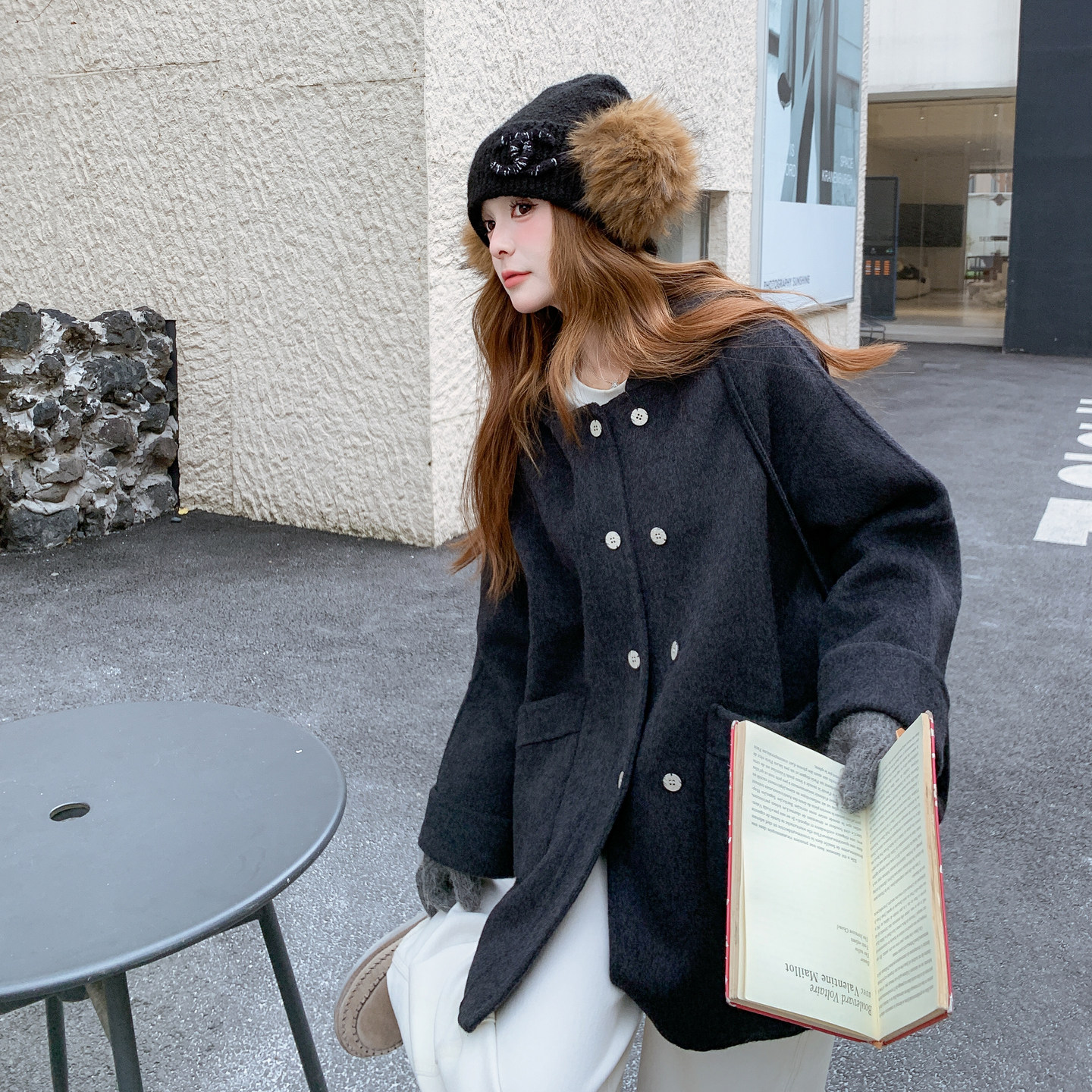 现货韩系学院风连帽双面羊毛大衣外套女2C325-567P275K398送包包,女装毛呢外套,2C325