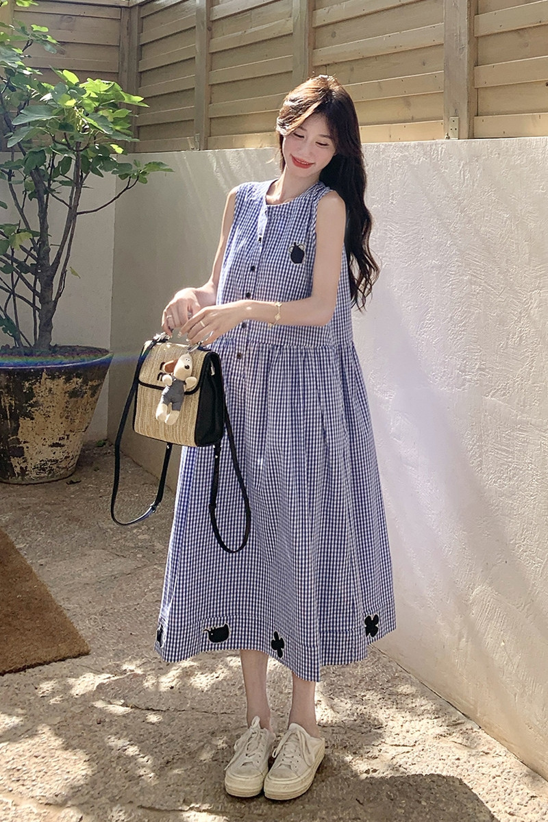 甜美蓝色格子无袖背心连衣裙女夏季2025新款独特漂亮大方得体裙子,女装连衣裙,2B237