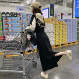 黑色设计感撞色连帽卫衣裙女春秋2025新款收腰显瘦开叉长袖连衣裙，女装连衣裙，2C098