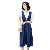 牛仔背带连衣裙女2025夏季新款韩版显瘦网红炸街宽松两件套裙子，女装连衣裙，蓝朵琳