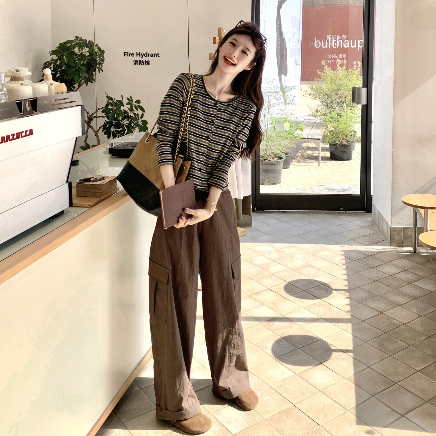 复古条纹开衫套装女2025秋季新款韩系老钱风穿搭背心阔腿裤三件套,女装套装/套裙,2C166