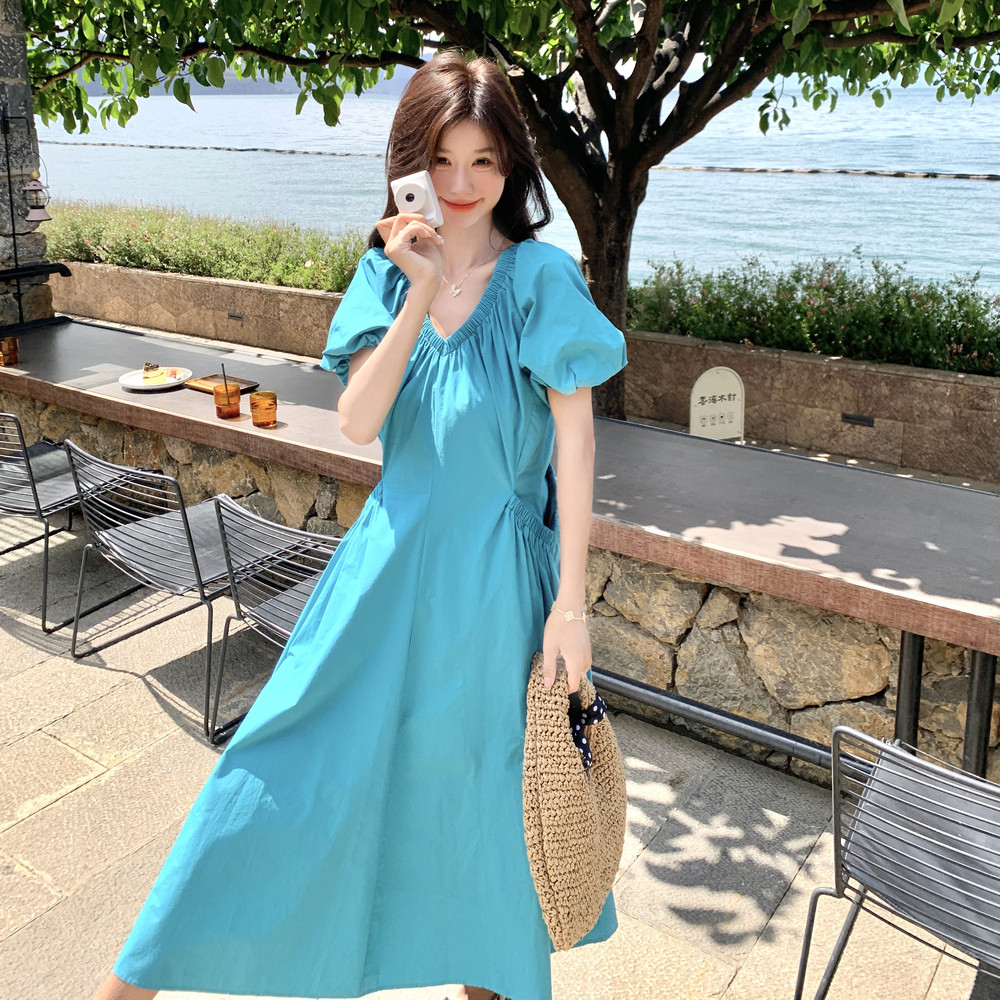 长裙泡泡袖V领法式v领中长连衣裙夏季法式休闲风国风时尚长裙大码,女装连衣裙,2C098