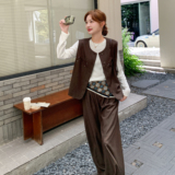 咖色复古高级感马甲套装女2025秋季新款韩系气质休闲阔腿裤三件套，女装套装/套裙，2D078
