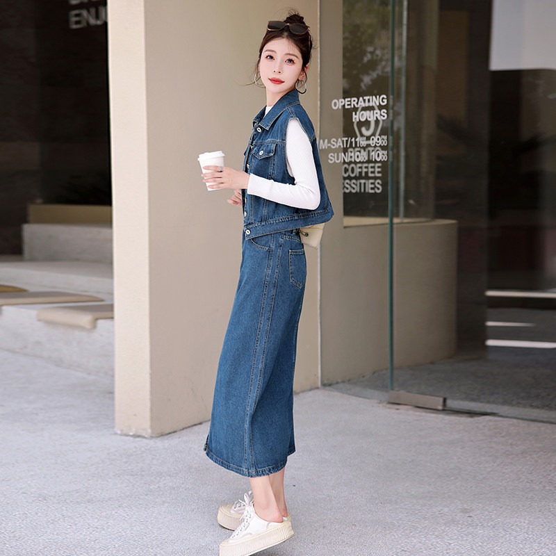 牛仔马甲外套半身裙两件套女24秋季韩版新款时尚减龄长裙潮,女装套装/套裙,安在秀（1C042）