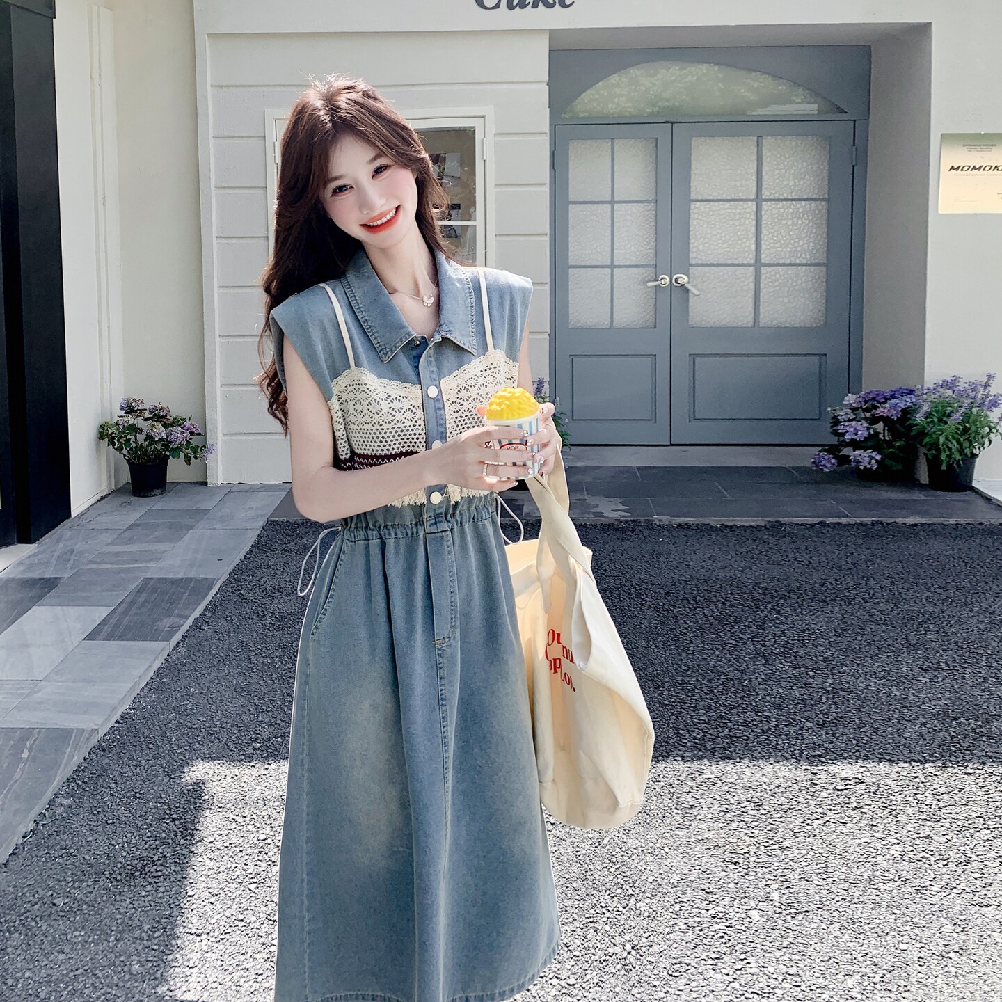蕾丝拼接无袖牛仔连衣裙女夏2025新款绝美高级感小个子收腰爆款,女装连衣裙,2C218