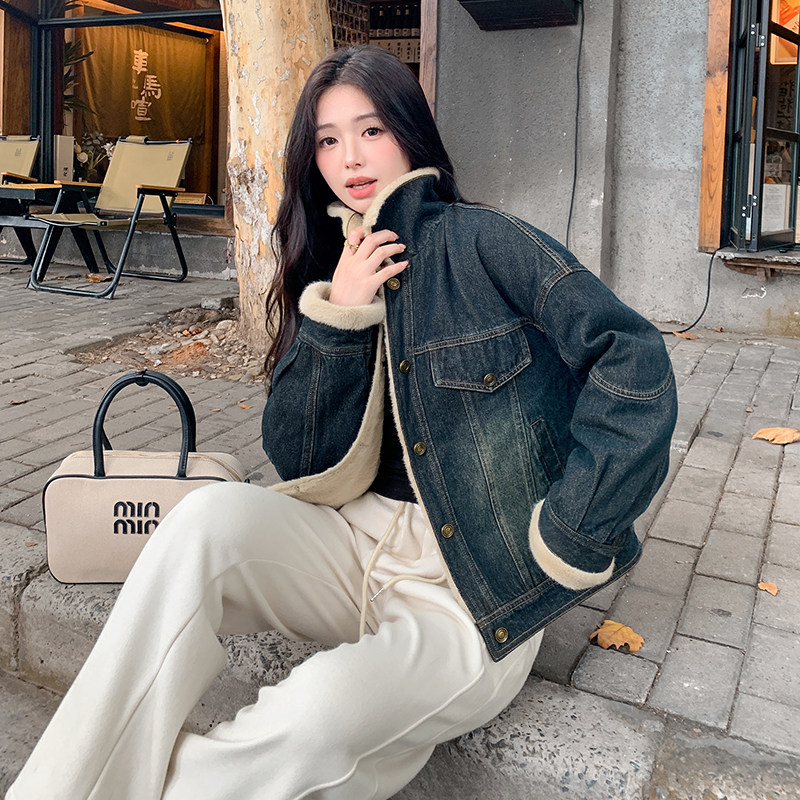 港风复古仿水貂毛牛仔外套女冬季2024新款超好看加绒加厚夹克棉服,女装棉衣/棉服,2C233