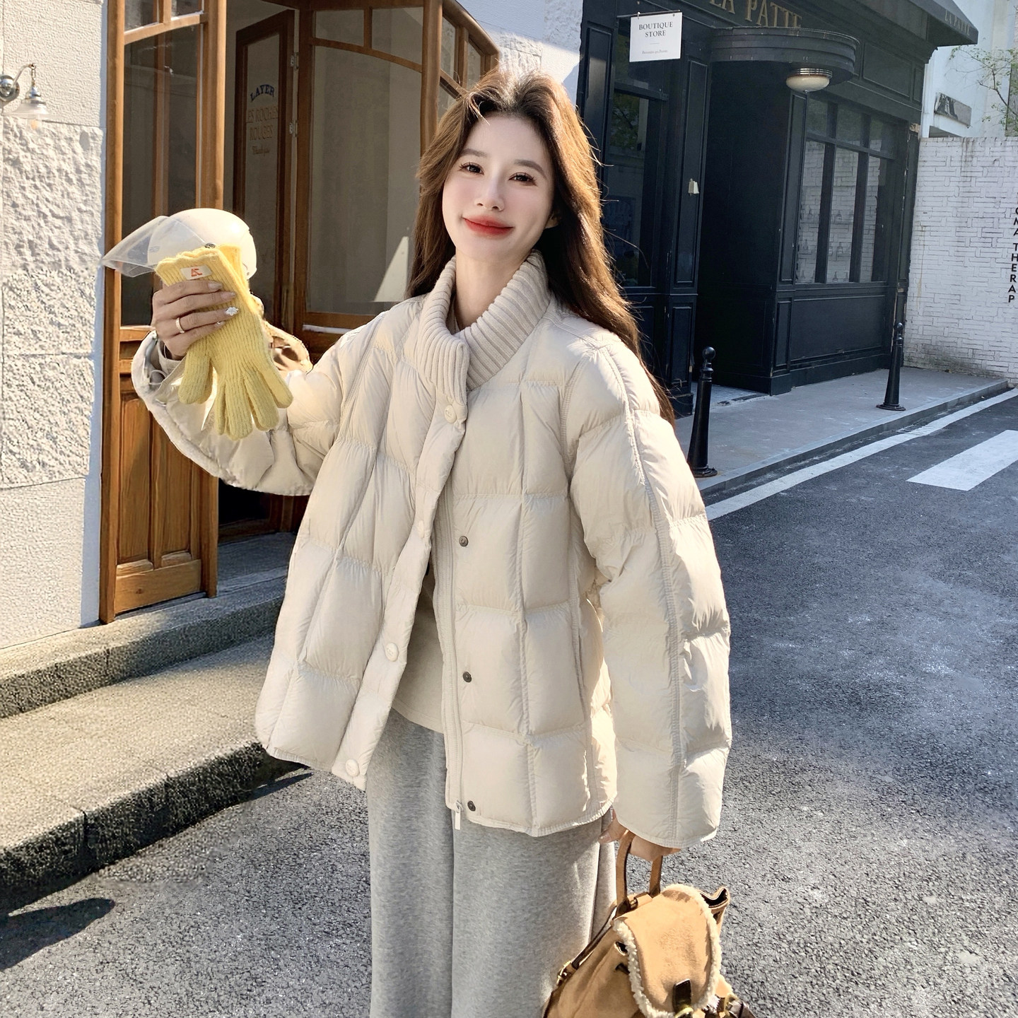 韩系白色针织立领羽绒服女冬新款超火好看高级小众保暖加厚短外套,女装羽绒服,2C012