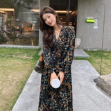 法式复古气质桔梗碎花连衣裙女2025春秋季新款收腰显瘦v领长裙子，女装连衣裙，2C016