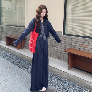 日系百搭设计款外套阔腿裤套装女2025秋季新款复古格子吊带三件套图片