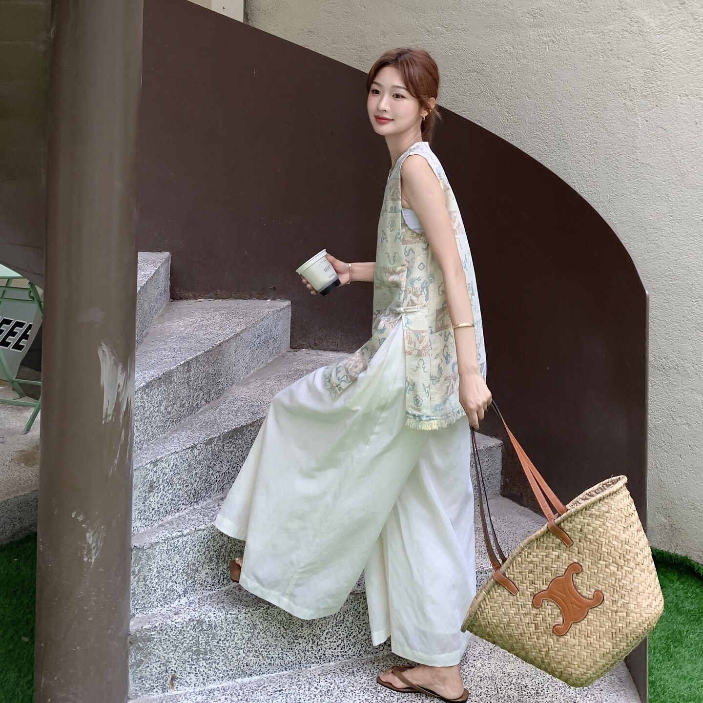新中式国风印花背心阔腿裤套装2025新款女夏超火好看高级感两件套,女装套装/套裙,2C166
