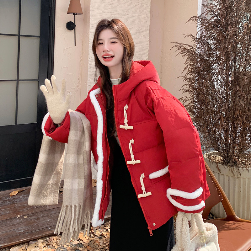 红色牛角扣羽绒服女2025冬季新款小个子加厚保暖白鸭绒面包服外套图片