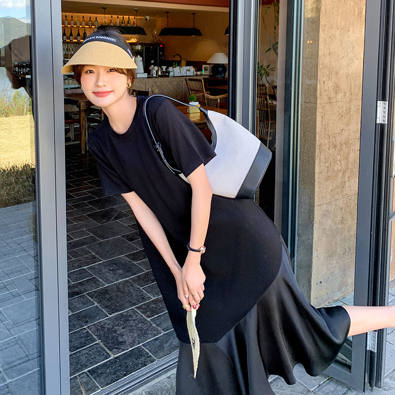 别致绝美网纱拼接t恤连衣裙女夏2025新款小众设计感宽松鱼尾长裙图片