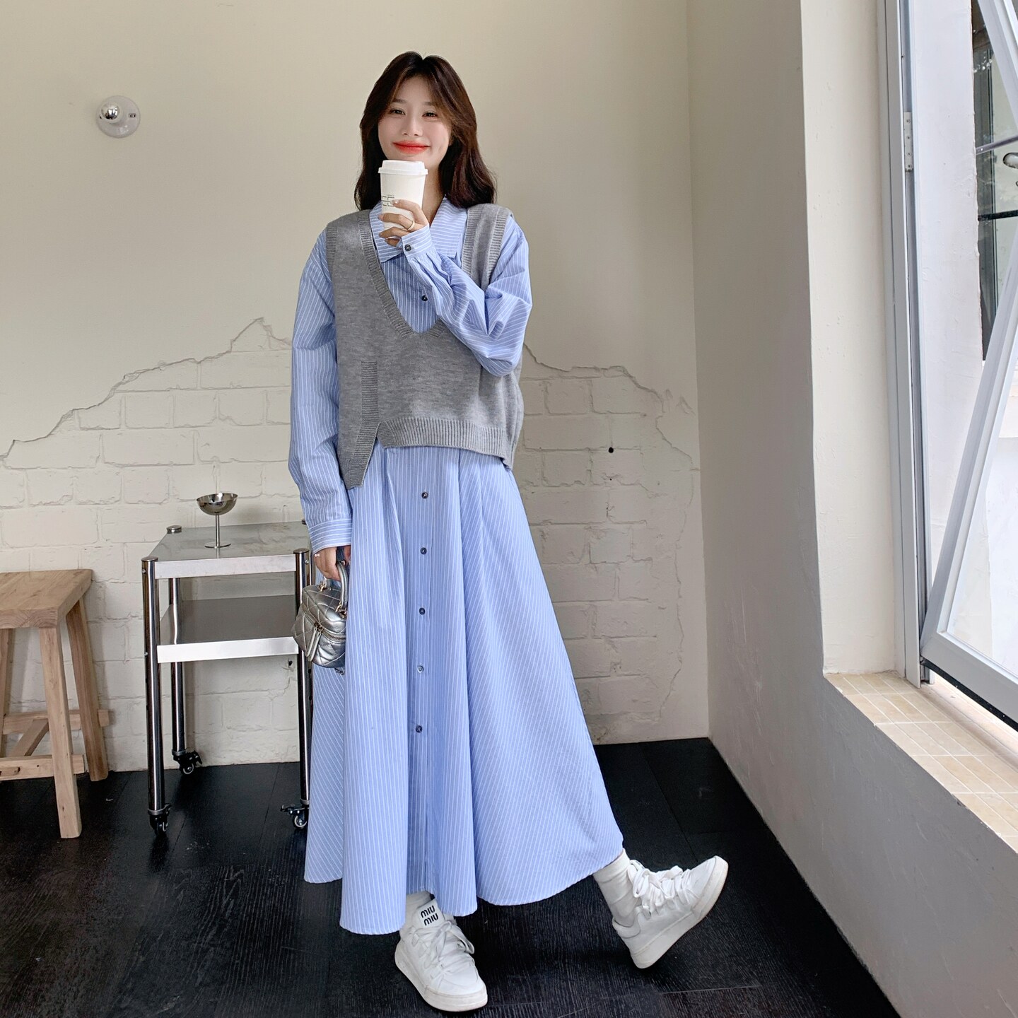 现货新款条纹衬衫长裙+毛线背心两件套25076P155K238,女装套装/套裙,2D035