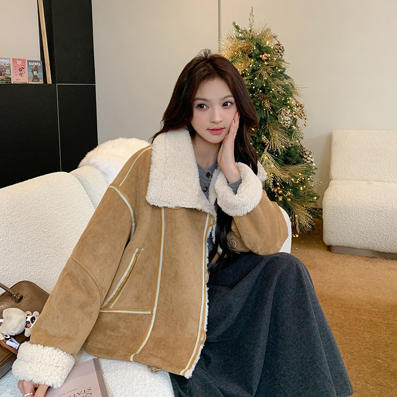 咖色复古麂皮绒皮毛一体羊羔毛短外套女2025冬新款小个子加厚上衣,女装短外套,2D035