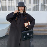 黑色蝴蝶结系带风衣外套女2025春秋季新款韩系学院风减龄流行大衣，女装风衣，2C016