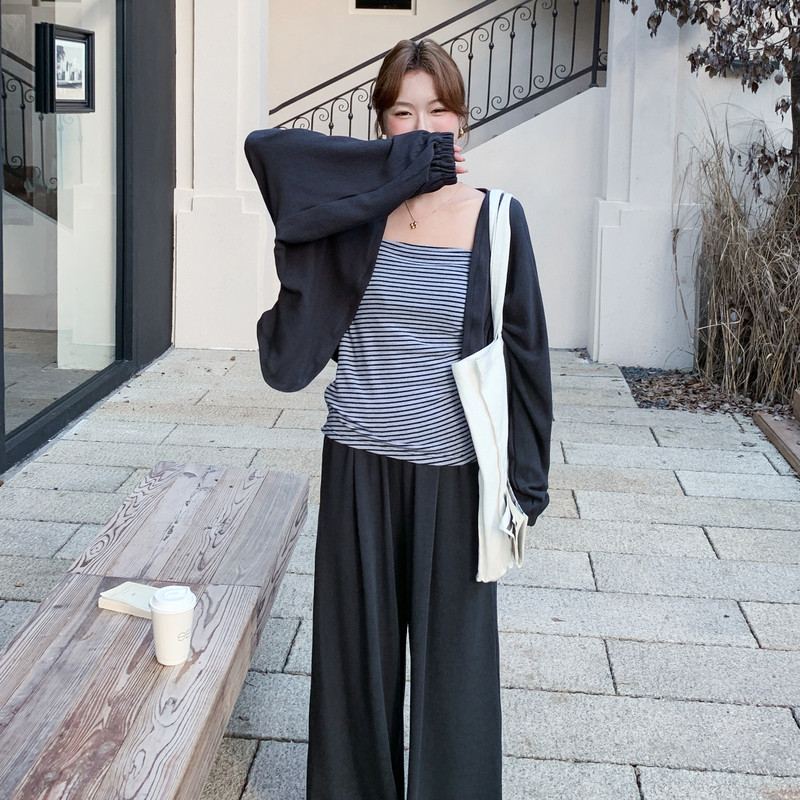 慵懒风宽松开衫条纹吊带休闲阔腿裤三件套女春秋新款松弛感穿搭潮,女装套装/套裙,2D013