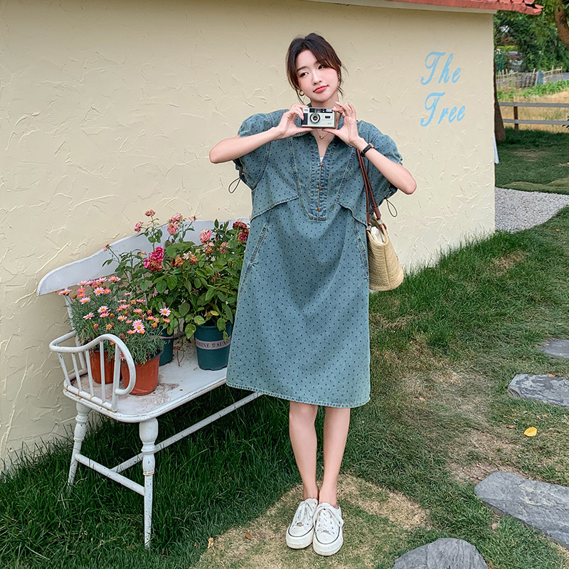 港风复古波点牛仔连衣裙女2025夏季新款法式宽松显瘦气质v领长裙,女装连衣裙,2C115