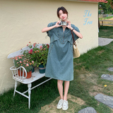 港风复古波点牛仔连衣裙女2025夏季新款法式宽松显瘦气质v领长裙，女装连衣裙，2C115
