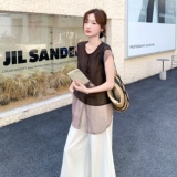 网纱拼接衬衫阔腿裤套装女夏2025新款轻熟小众巨好看两件套爆款，女装连衣裙，2D008
