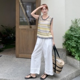 松紧腰木耳边拼接休闲阔腿裤女夏2025新款宽松显瘦棉麻直筒九分裤，女装套装/套裙，2C135