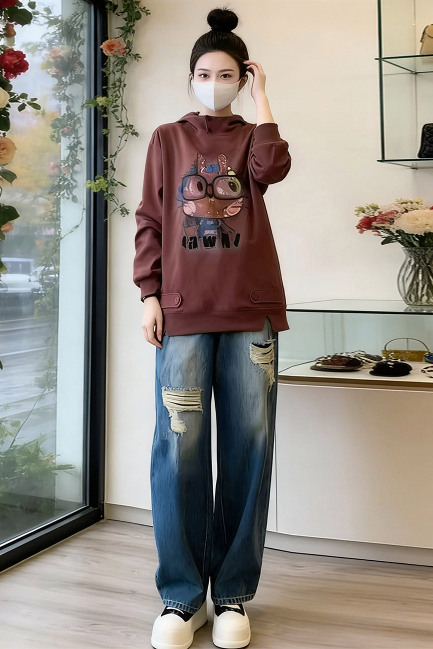 韩版时尚休闲套装女春季新款连帽刺绣卡通上衣破洞牛仔长裤两件套,女装套装/套裙,2C310