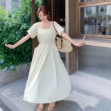 法式甜美温柔圆领泡泡袖收腰显瘦慵懒度假连衣裙女2025夏季新款潮，女装连衣裙，2C212