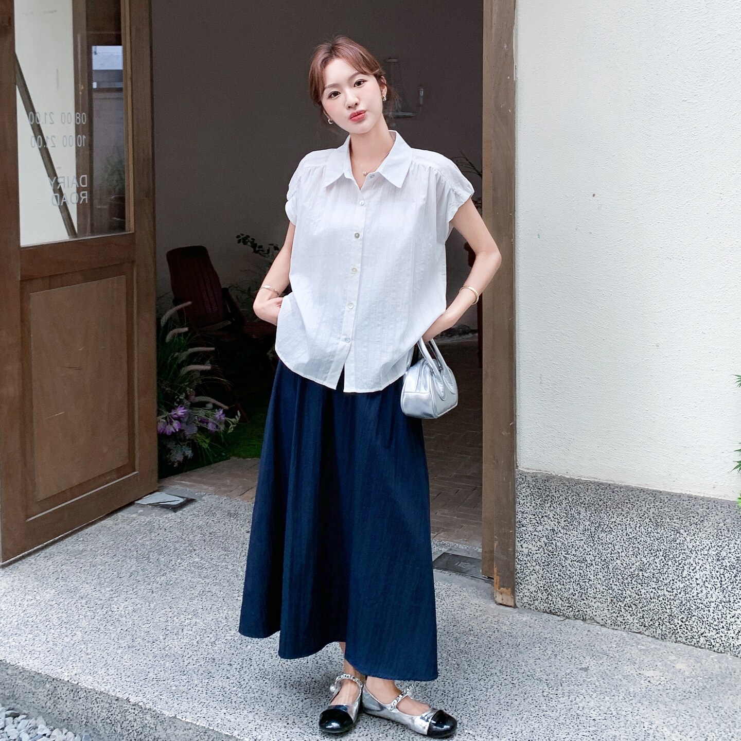 韩版白色短袖衬衫高腰半身裙套装女2025年夏季新款减龄通勤两件套,女装套装/套裙,2C212
