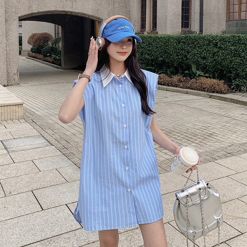条纹休闲时尚套装女夏季2025新款无袖衬衫上衣高腰短裤减龄两件套,女装套装/套裙,2C112